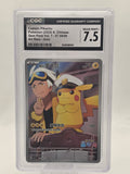 A graded Pokémon trading card in a clear plastic holder, featuring Captain Pikachu on a S. Chinese art print.